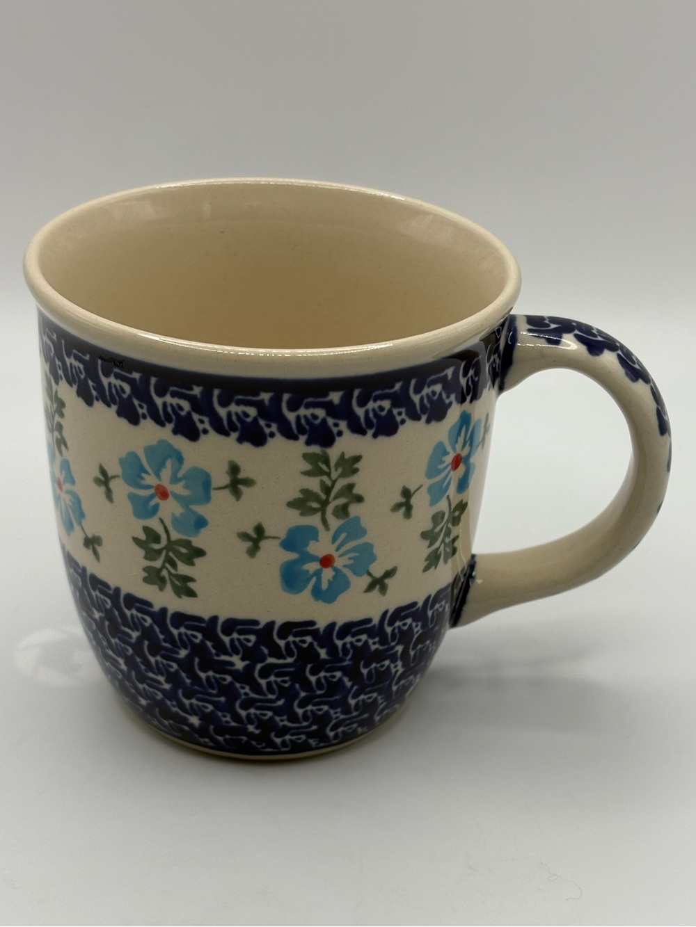 Boleslawiec Polish Pottery Mug Cup Hand Made In Poland Floral Blue 10 Fl Ozs